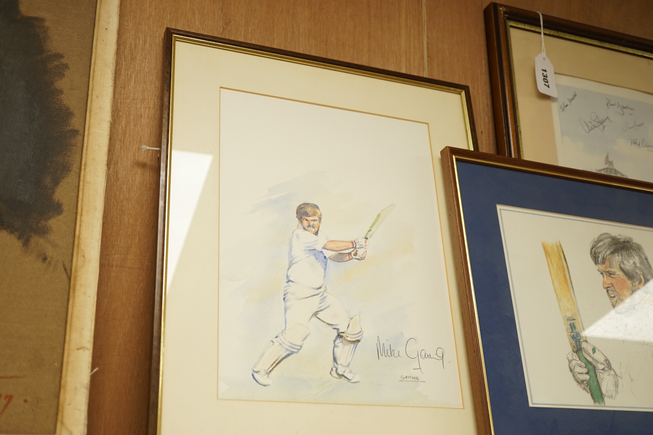 Three framed cricket themed autographed pictures; an extensively signed print by Keith Reilly; ‘Cricket At Lords’ showing Middlesex and England, together with two signed prints of Mike Gatting, largest frame 53 x 66cm